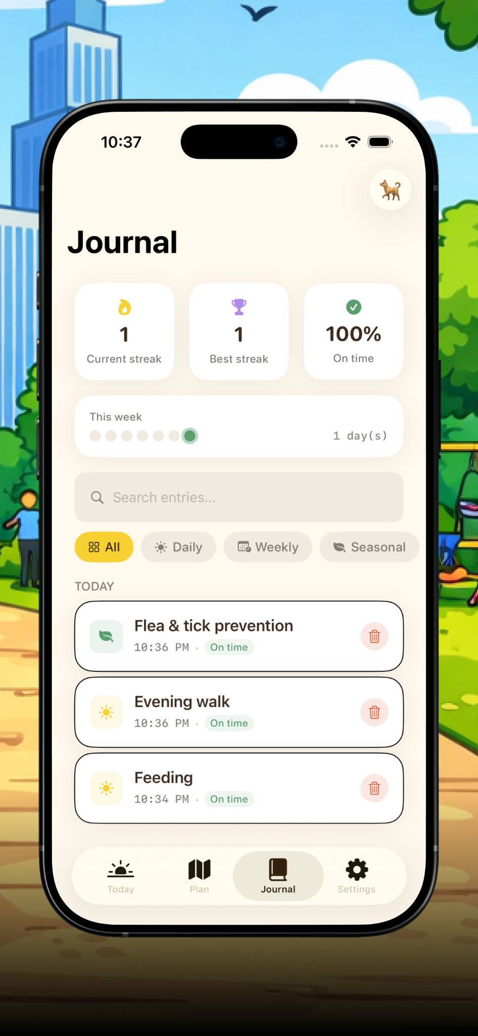 Planning screen with upcoming pet tasks