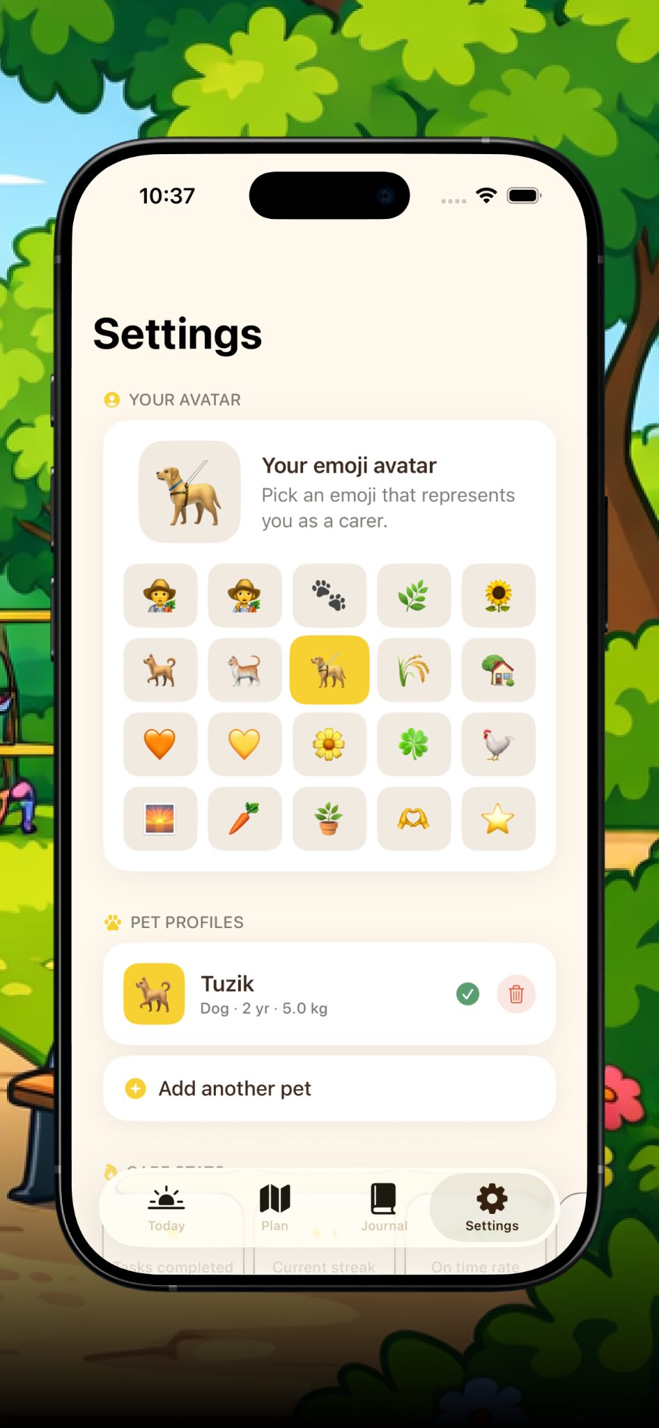 Today screen with gentle checklist for pet care